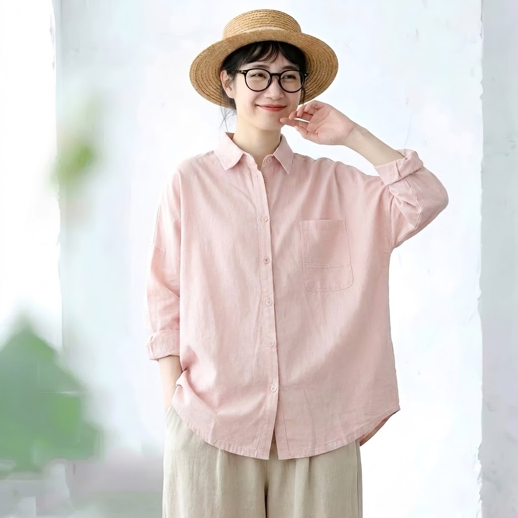 M-2XL きれいめ 厚手仕様 ゆったり 体型カバー ロングスリーブ シャツ 2XL ピンク