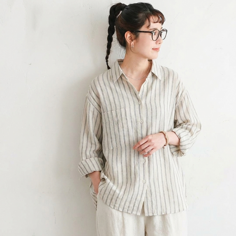 L-2XL  コットン ストライプ柄 シャツ L ベージュ