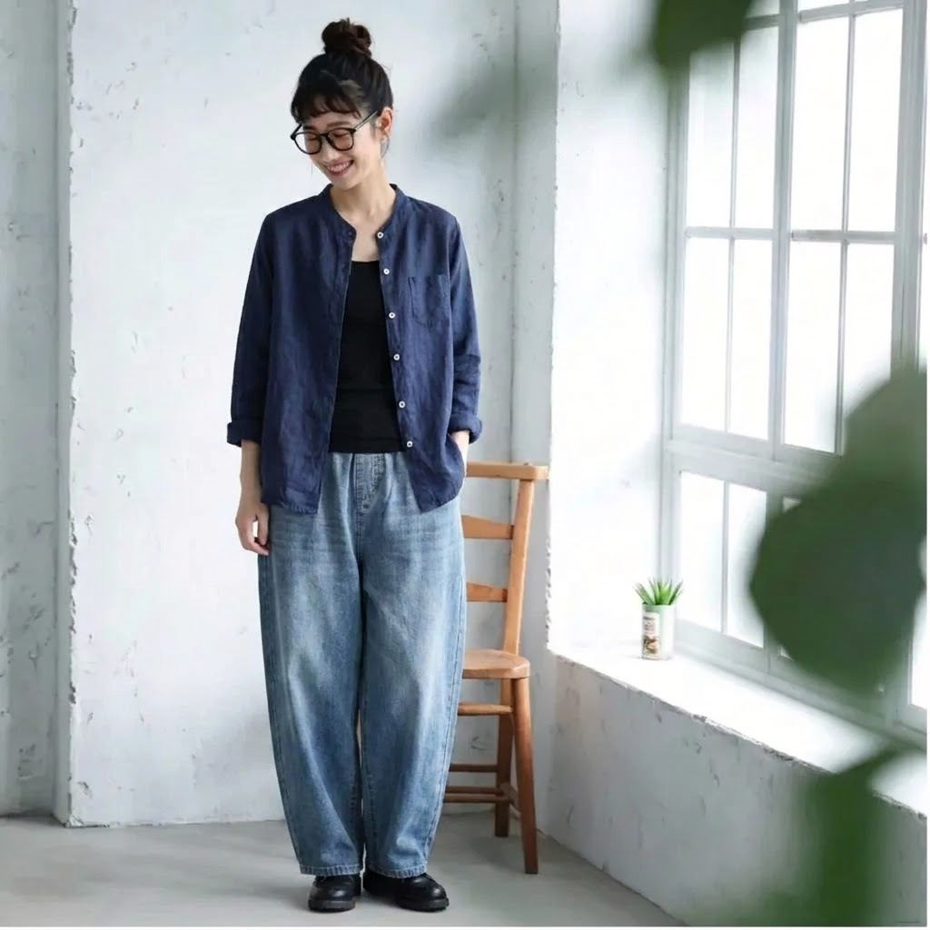 M-4XL 秋のひととき綿麻ブラウス M ネイビー