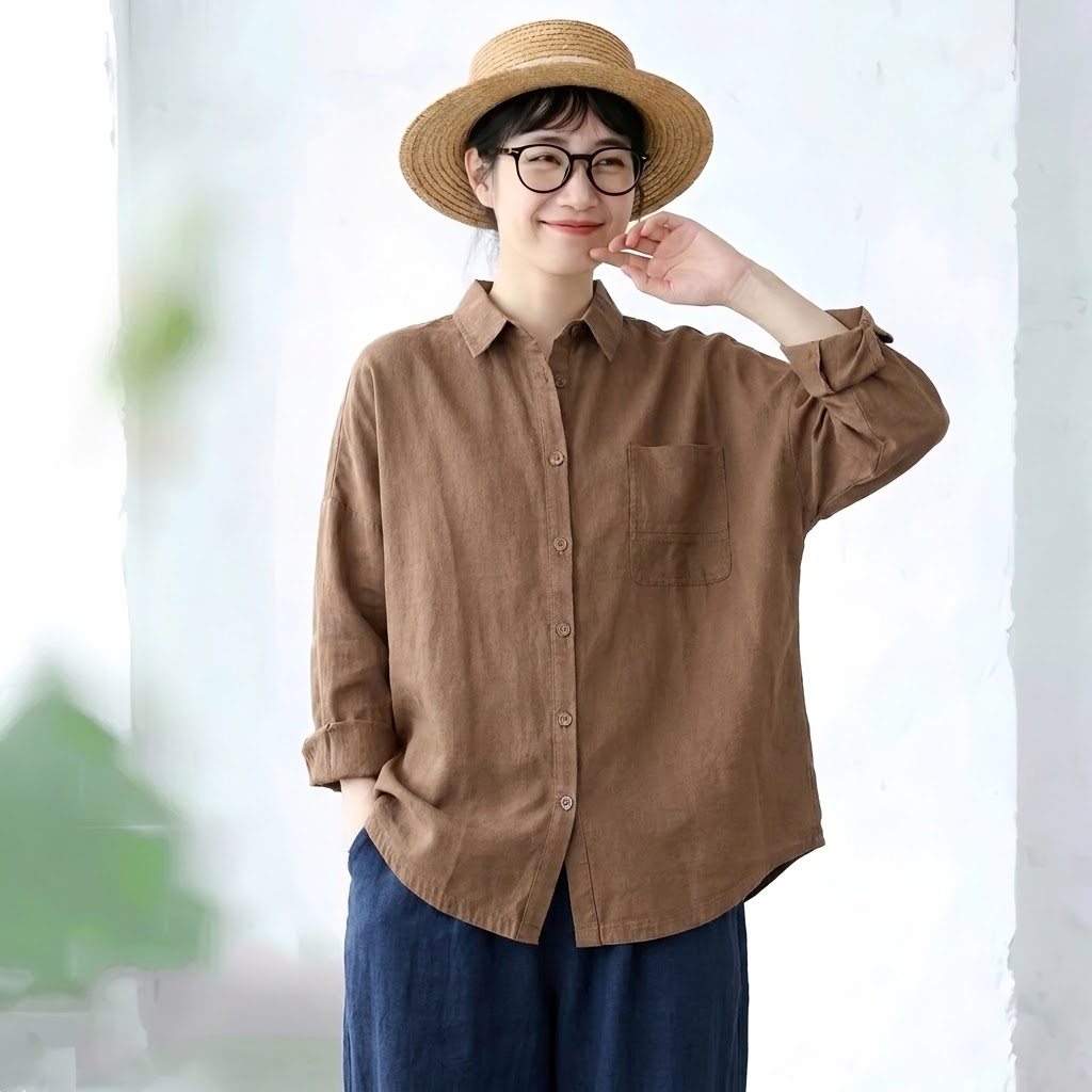 M-2XL きれいめ 厚手仕様 ゆったり 体型カバー ロングスリーブ シャツ 2XL ブラウン
