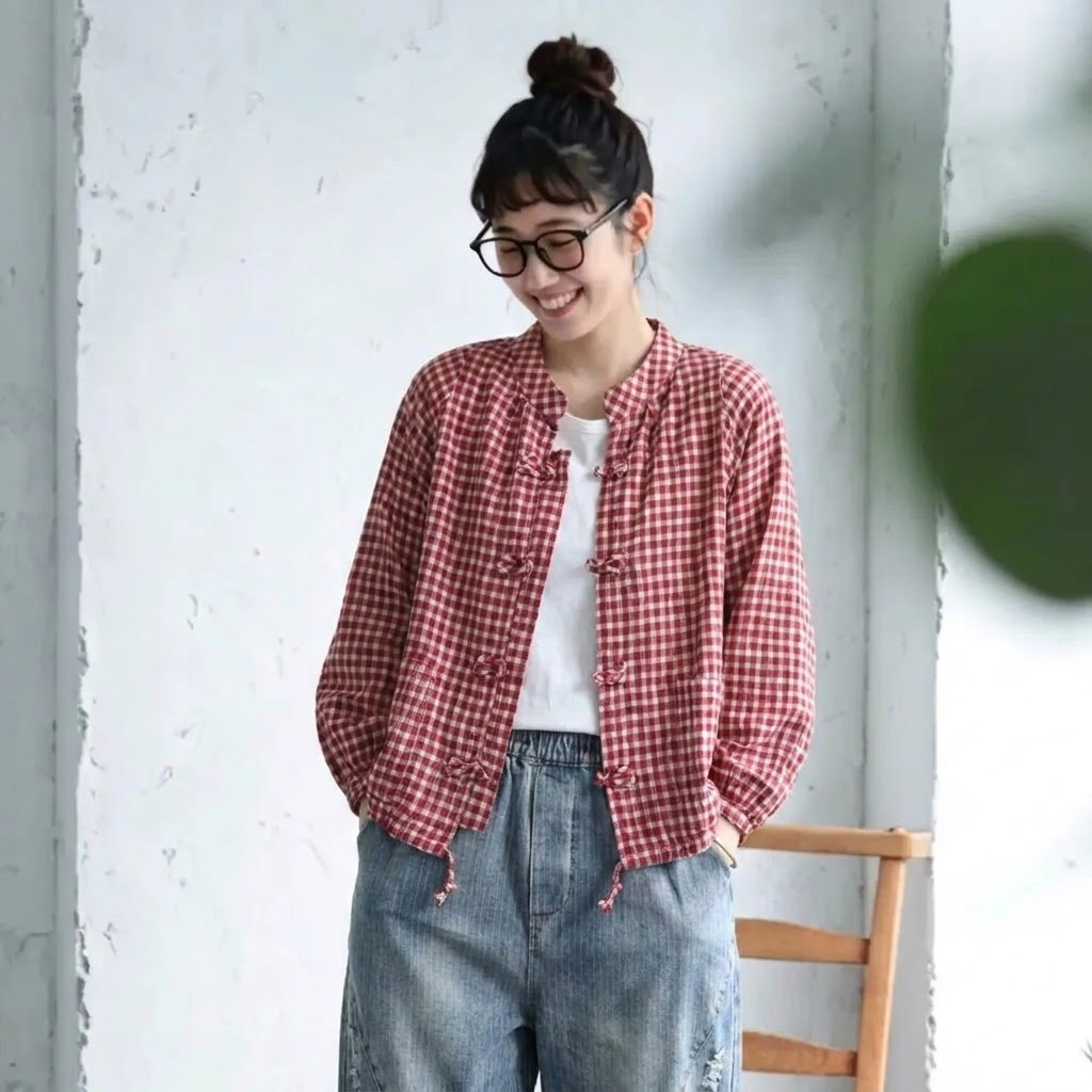 S-XL 綿麻 チェック柄 長袖 ランタンスリーブ ボタン レトロ シャツ S レッド