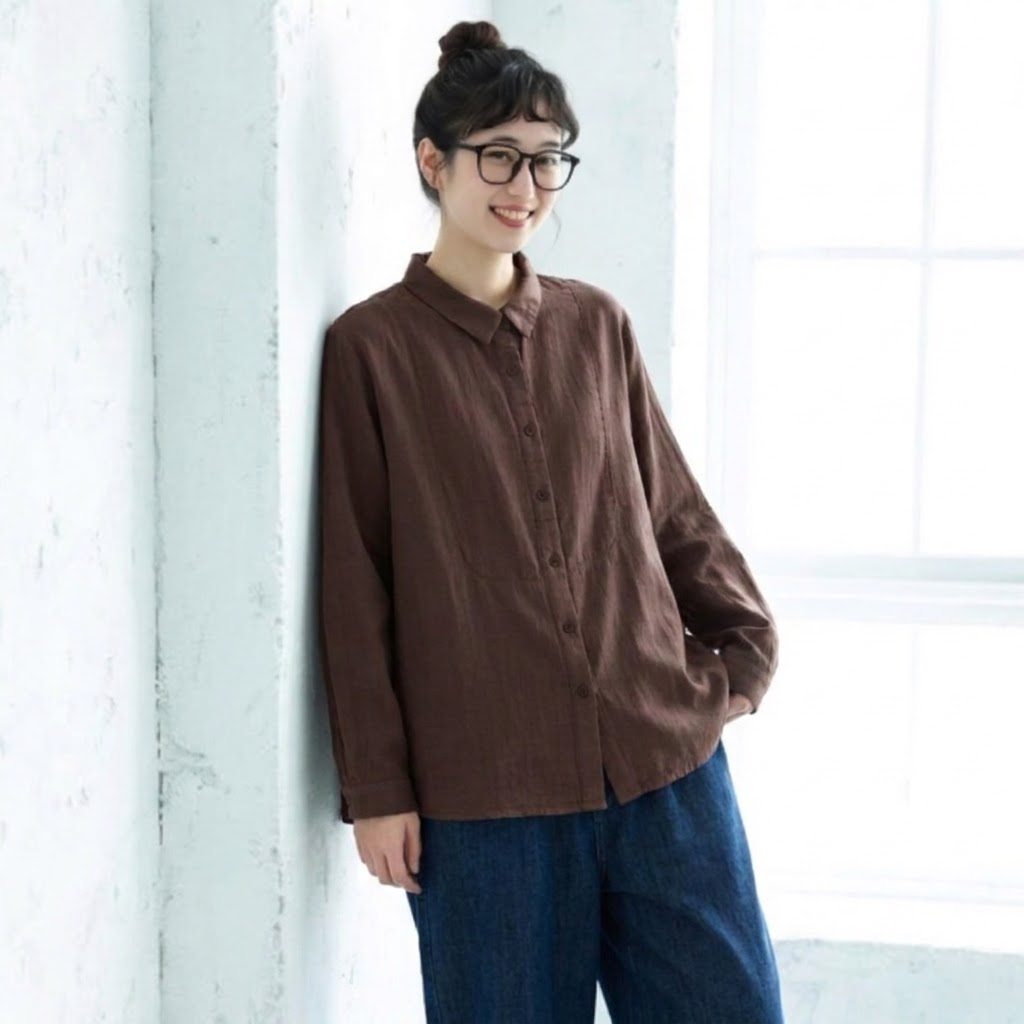 L-2XL きれいめ 秋向き 重ね着対応 デザイン切り替え ロングスリーブ シャツ 2XL コーヒーブラウン