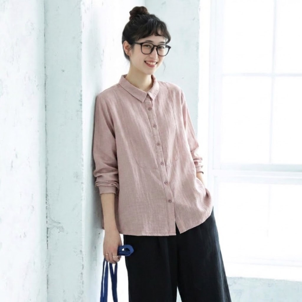 L-2XL きれいめ 秋向き 重ね着対応 デザイン切り替え ロングスリーブ シャツ 2XL ロータスピンク