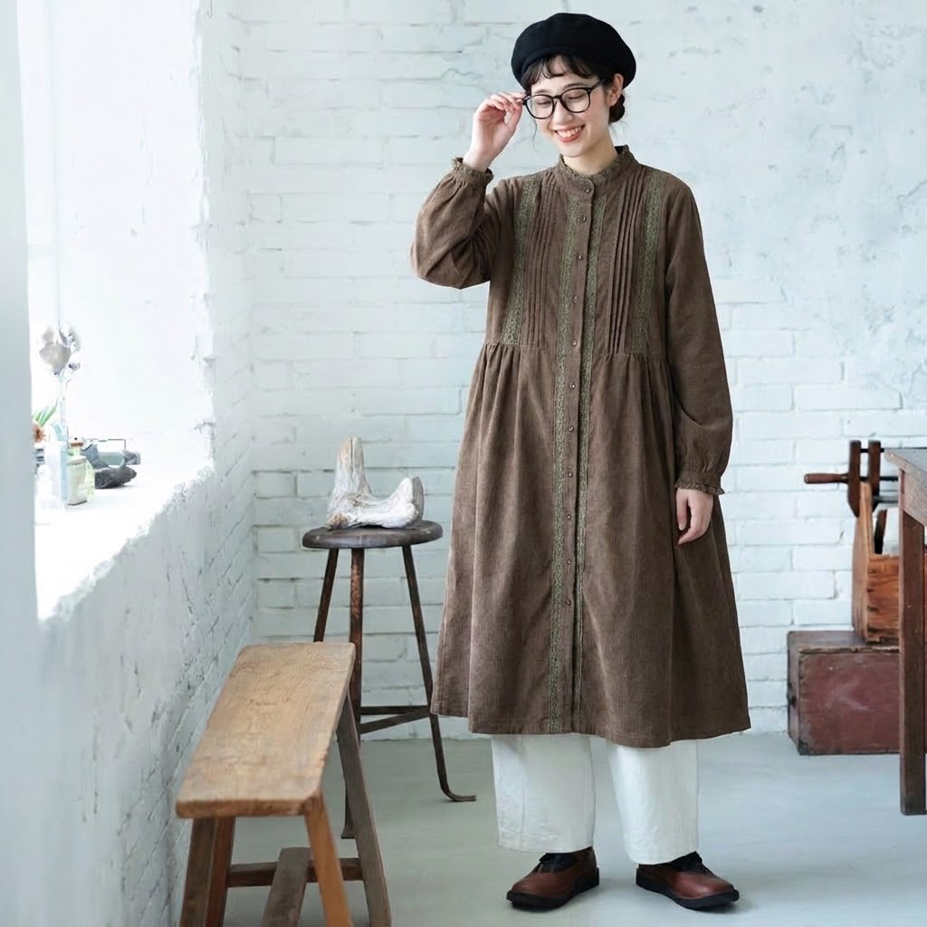 M-2XL きれいめ コーデュロイ フリルデザイン ミディ丈 厚み感 ワンピース M 写真通り