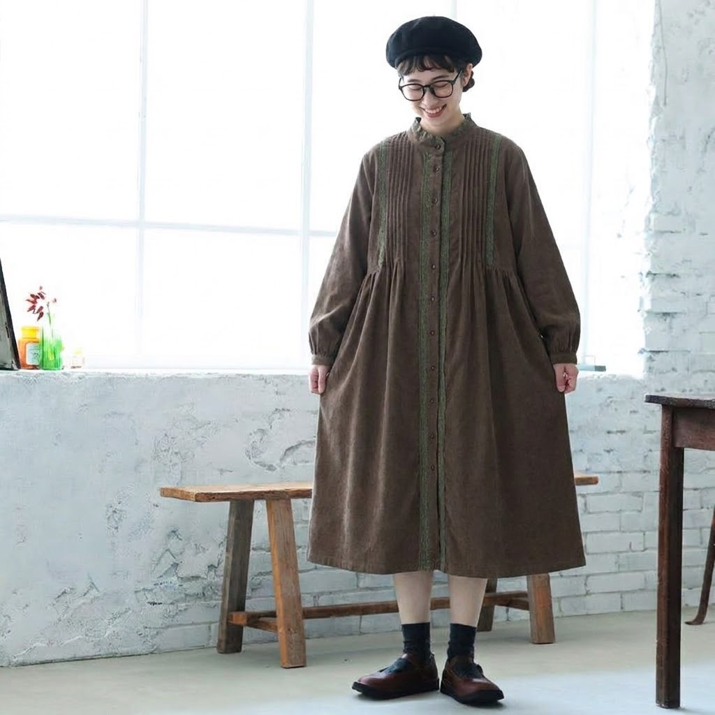 M-2XL きれいめ コーデュロイ フリルデザイン ミディ丈 厚み感 ワンピース M 写真通り