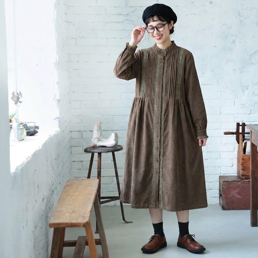 M-2XL きれいめ コーデュロイ フリルデザイン ミディ丈 厚み感 ワンピース M 写真通り