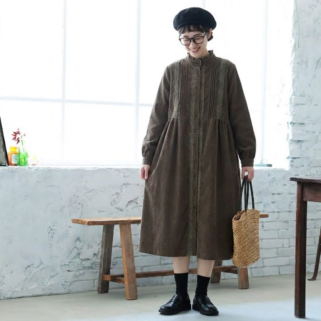 M-2XL きれいめ コーデュロイ フリルデザイン ミディ丈 厚み感 ワンピース M 写真通り