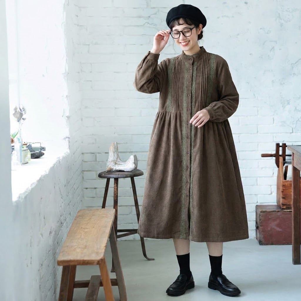 M-2XL きれいめ コーデュロイ フリルデザイン ミディ丈 厚み感 ワンピース 2XL 写真通り