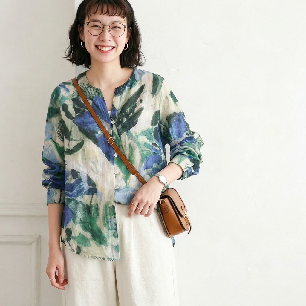 M-2XL リネン風UV対策シャツ レディース 長袖 ぼかし柄 ゆったり 羽織り ナチュラルコーデ 夏秋兼用シャツ M グリーン