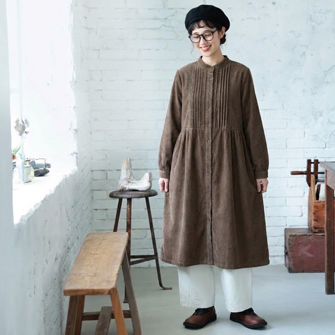 M-2XL きれいめ コーデュロイ フリルデザイン ミディ丈 厚み感 ワンピース M 写真通り