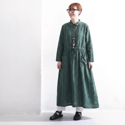 M-2XL 襟付き ゆったり ミディアム丈 長く着られる シャツワンピース 2XL グリーン