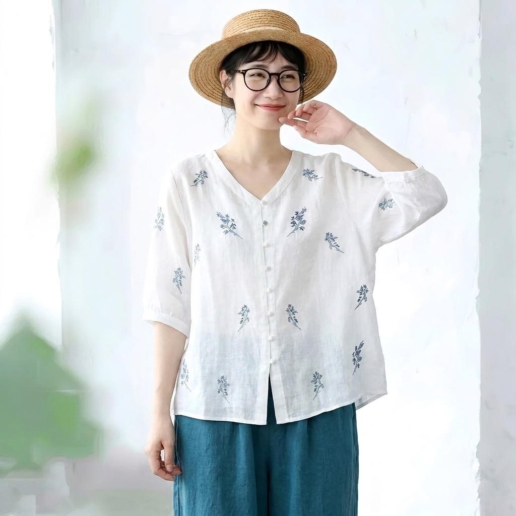 M-2XL 綿麻 肌触り柔らかい セットアップ 刺繍 ボタン ロング丈 五分袖 トップス+パンツ 2XL ホワイト/トップス