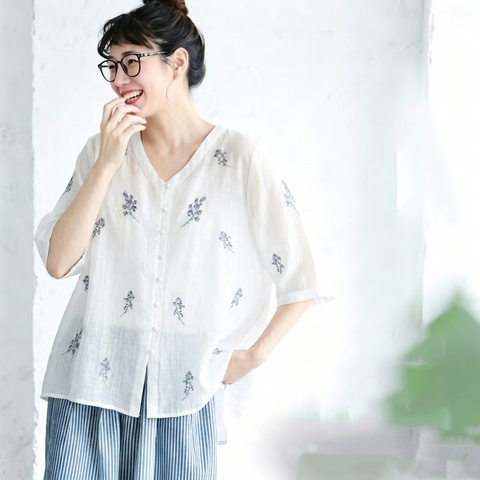 M-2XL 綿麻 肌触り柔らかい セットアップ 刺繍 ボタン ロング丈 五分袖 トップス+パンツ M ホワイト/トップス