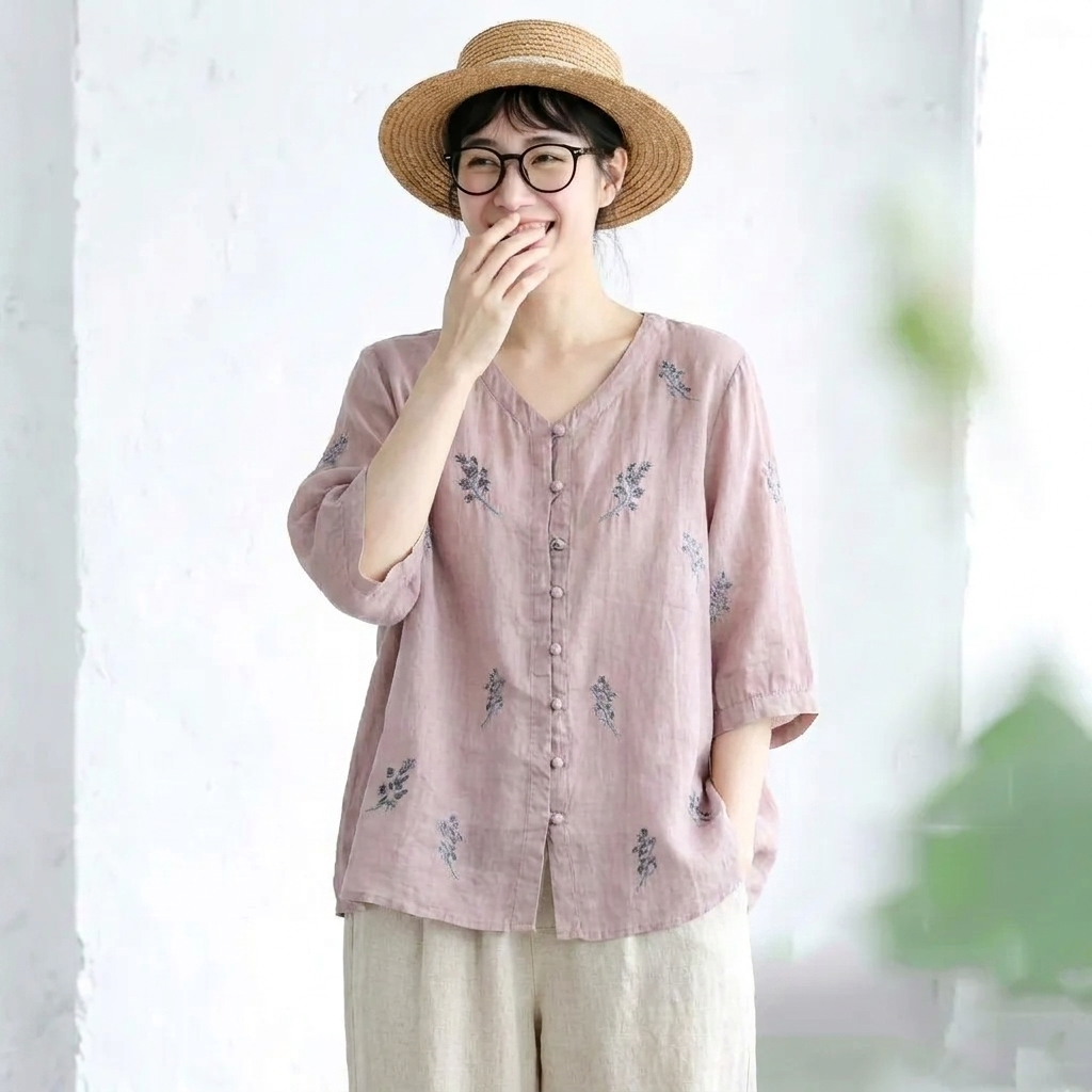 M-2XL 綿麻 肌触り柔らかい セットアップ 刺繍 ボタン ロング丈 五分袖 トップス+パンツ M ホワイト/トップス