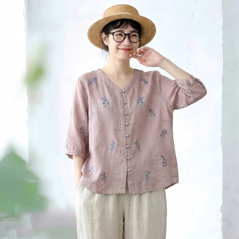 M-2XL 綿麻 肌触り柔らかい セットアップ 刺繍 ボタン ロング丈 五分袖 トップス+パンツ 2XL パープル/トップス