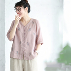 M-2XL 綿麻 肌触り柔らかい セットアップ 刺繍 ボタン ロング丈 五分袖 トップス+パンツ M ホワイト/トップス