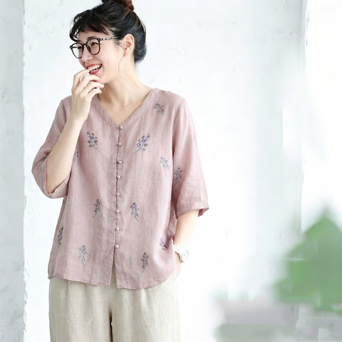 M-2XL 綿麻 肌触り柔らかい セットアップ 刺繍 ボタン ロング丈 五分袖 トップス+パンツ M ホワイト/トップス