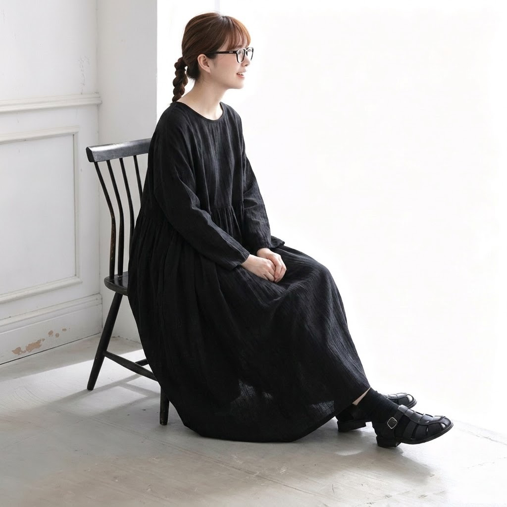 フリーサイズ レトロ ゆったり ロング丈 着回し カジュアルワンピース フリー ブラック