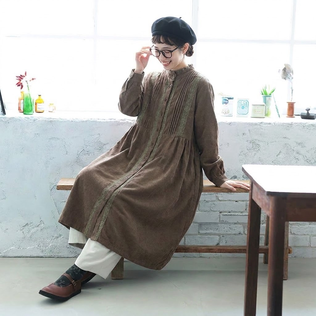 M-2XL きれいめ コーデュロイ フリルデザイン ミディ丈 厚み感 ワンピース M 写真通り