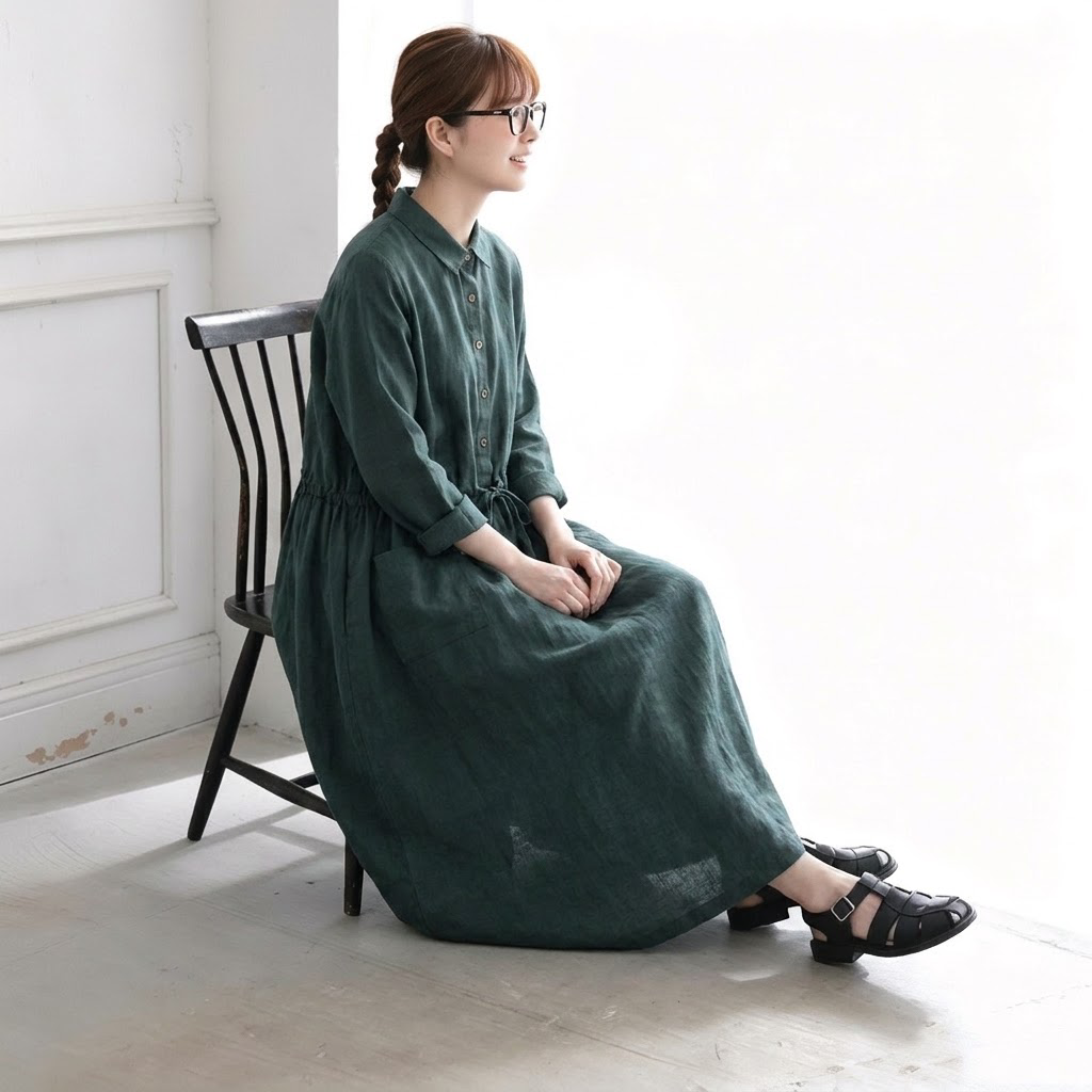 M-2XL 襟付き ゆったり ミディアム丈 長く着られる シャツワンピース M オレンジ