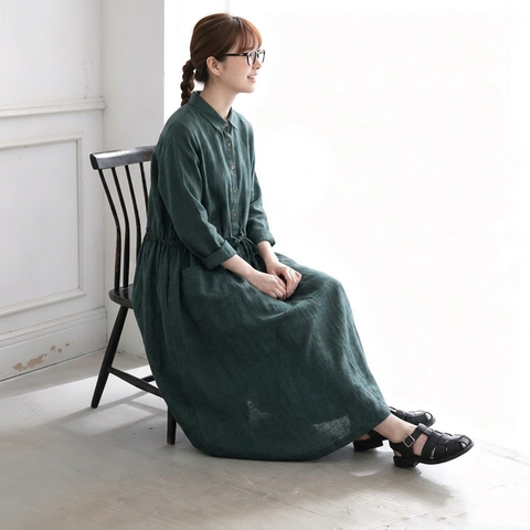 M-2XL 襟付き ゆったり ミディアム丈 長く着られる シャツワンピース M オレンジ