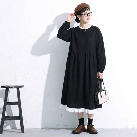 S-XL 無地 切り替え 長袖 シンプル 可愛くて繊細な長袖ワンピース S アイボリー
