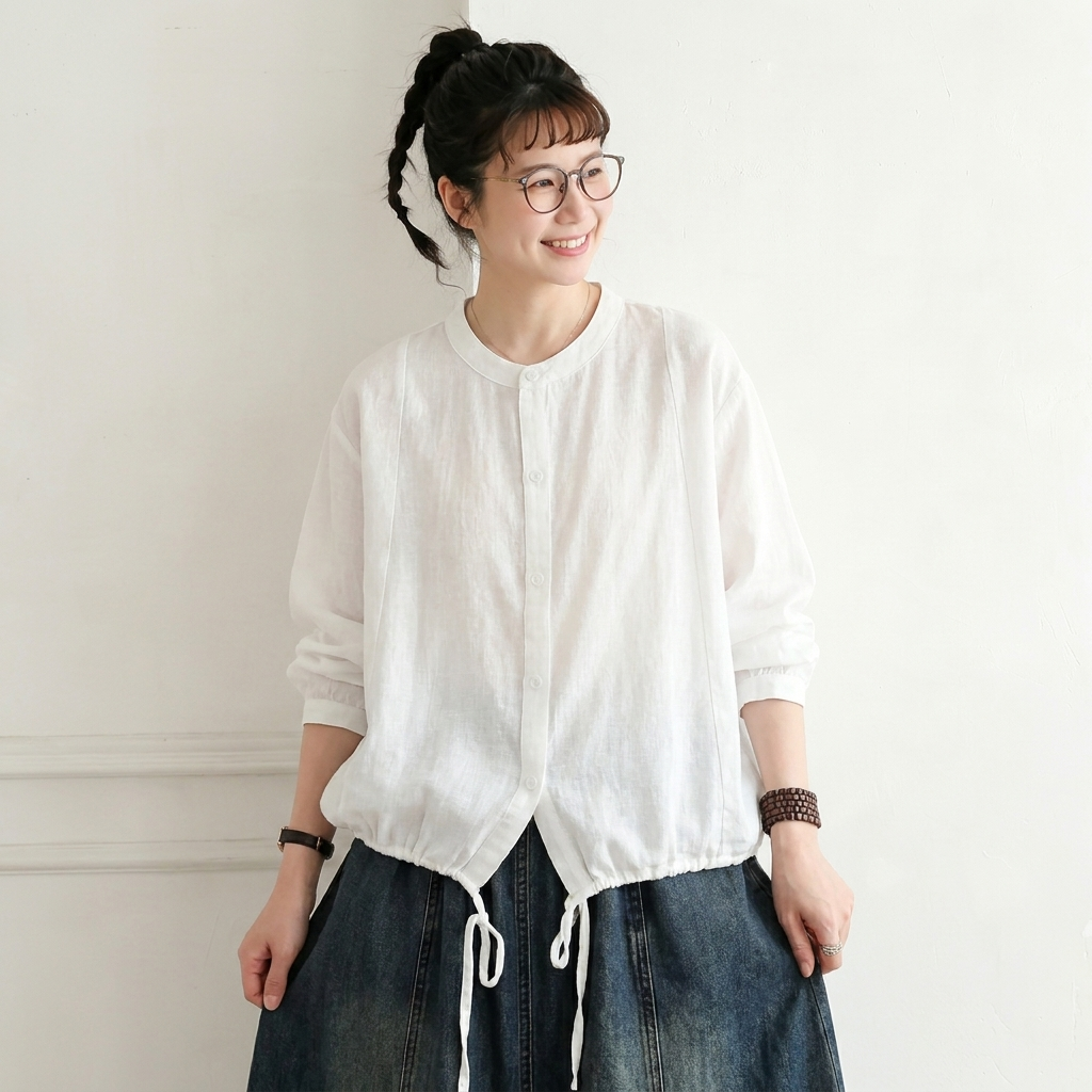 F コットン シングルブレスト ラウンドネック シャツ フリー ホワイト