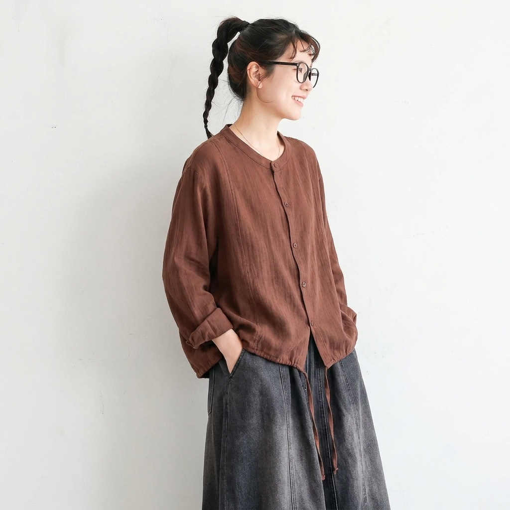 F コットン シングルブレスト ラウンドネック シャツ フリー ブラウン