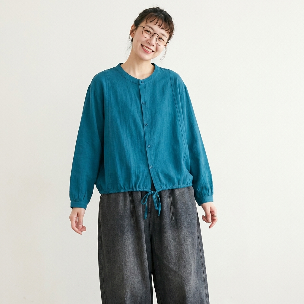 F コットン シングルブレスト ラウンドネック シャツ フリー ブルー