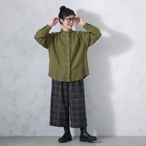 M-L ダブルガーゼ フリル 無地 ボタン シンプル シャツ M ホワイト