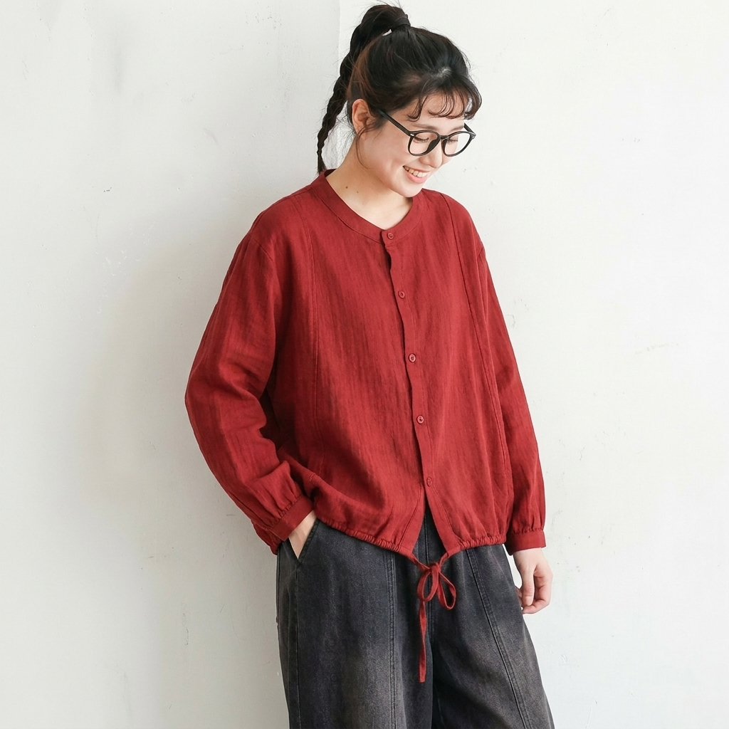 F コットン シングルブレスト ラウンドネック シャツ フリー レッド