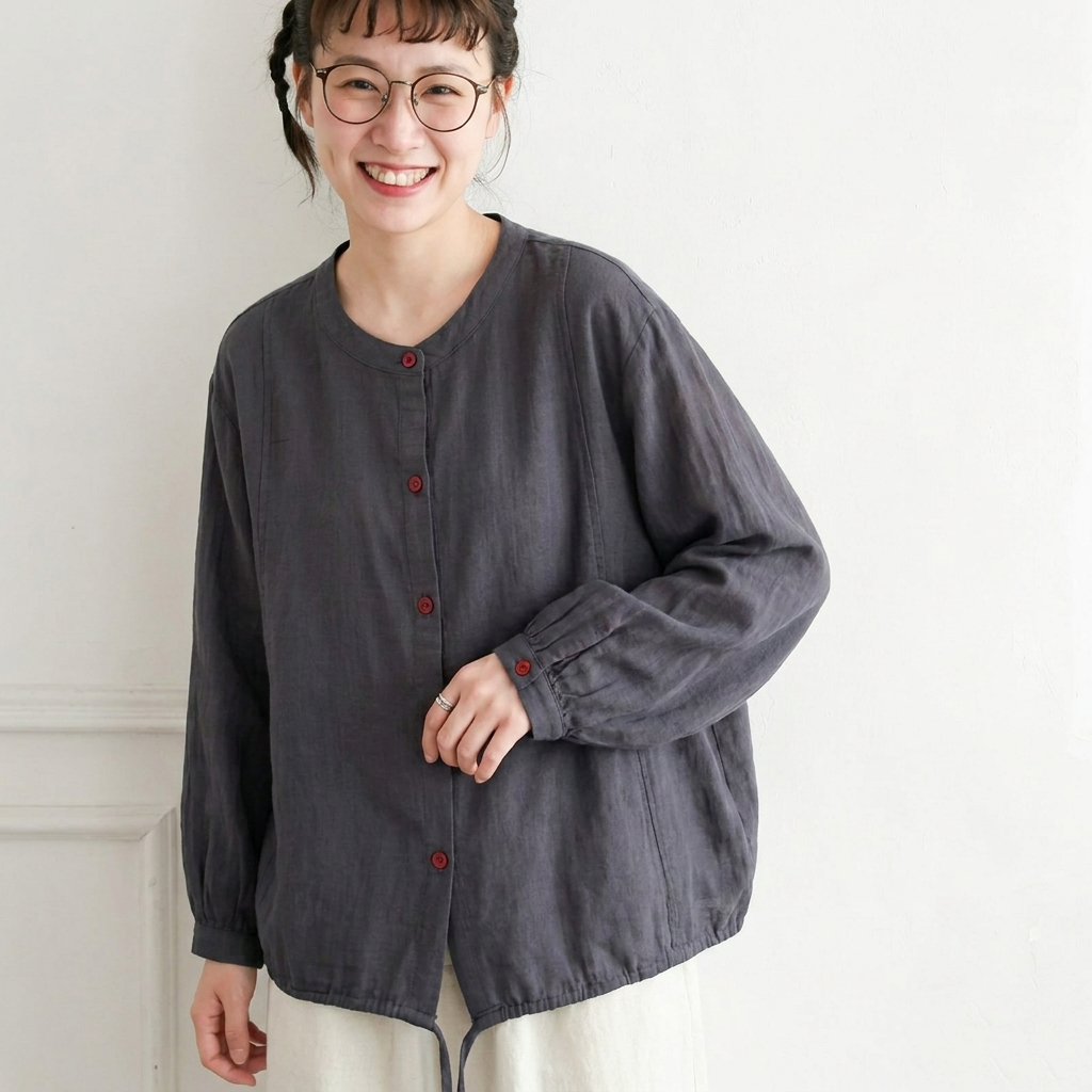 F コットン シングルブレスト ラウンドネック シャツ フリー グレー