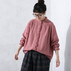 M-L ダブルガーゼ フリル 無地 ボタン シンプル シャツ L ピンク