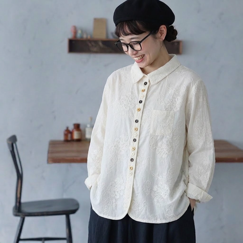 M-2XL コットン 刺繍 落ち着いたカラー 長く着られる 長袖 シャツ M ライトベージュ