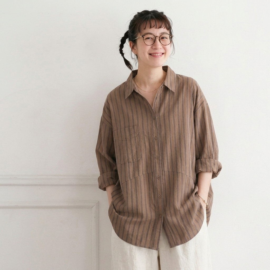 L-2XL  コットン ストライプ柄 シャツ L ベージュ