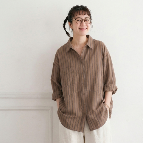 L-2XL  コットン ストライプ柄 シャツ L ベージュ