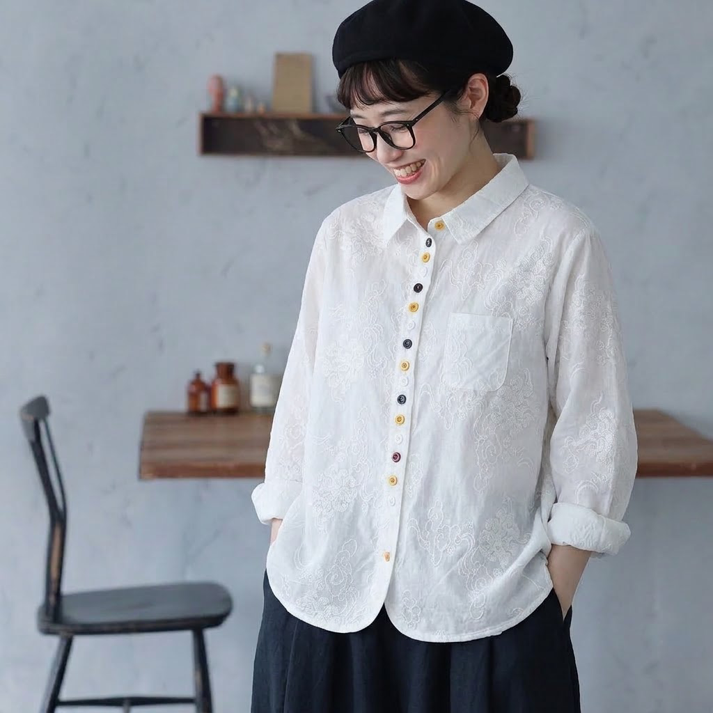 M-2XL コットン 刺繍 落ち着いたカラー 長く着られる 長袖 シャツ 2XL ホワイト