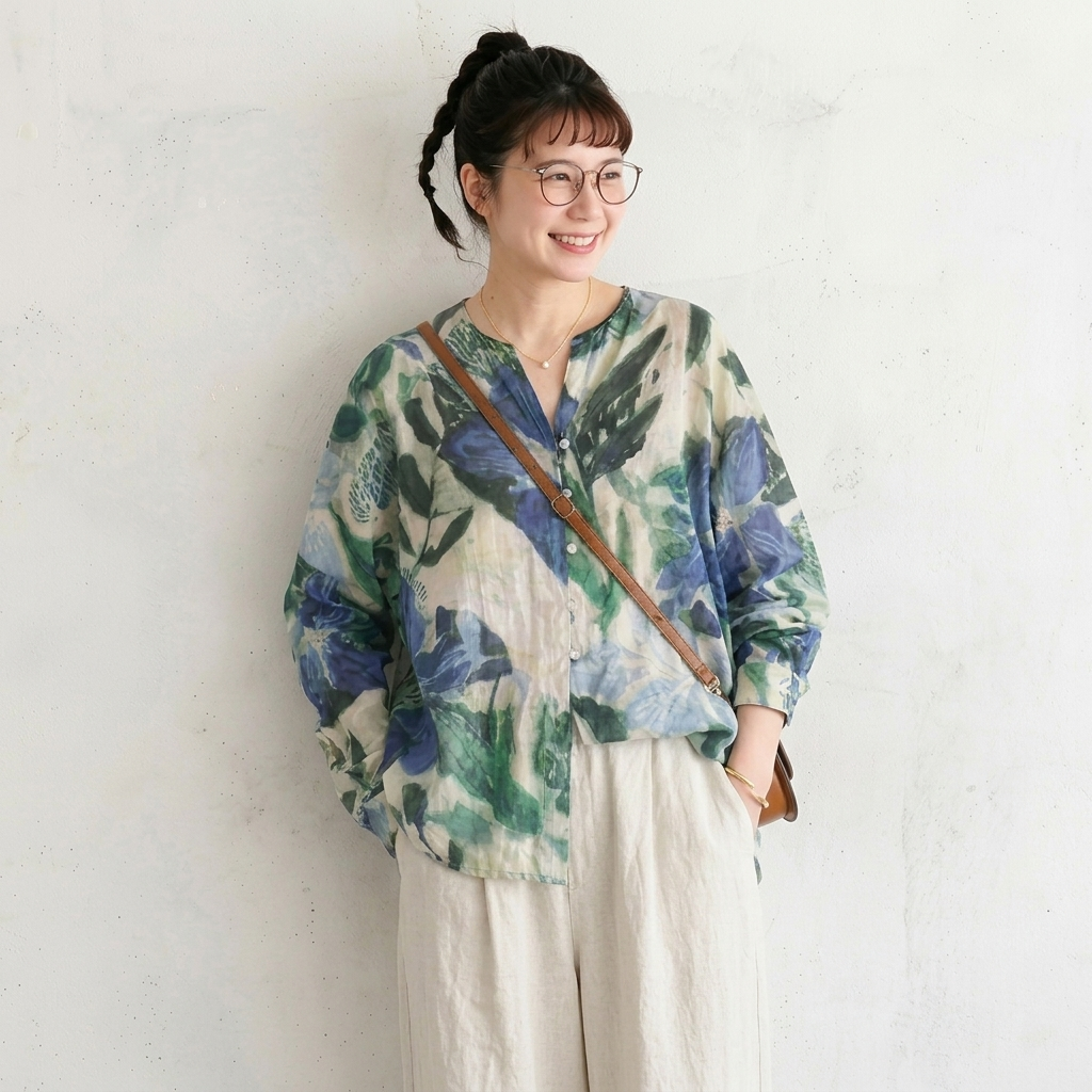 M-2XL リネン風UV対策シャツ レディース 長袖 ぼかし柄 ゆったり 羽織り ナチュラルコーデ 夏秋兼用シャツ M グリーン