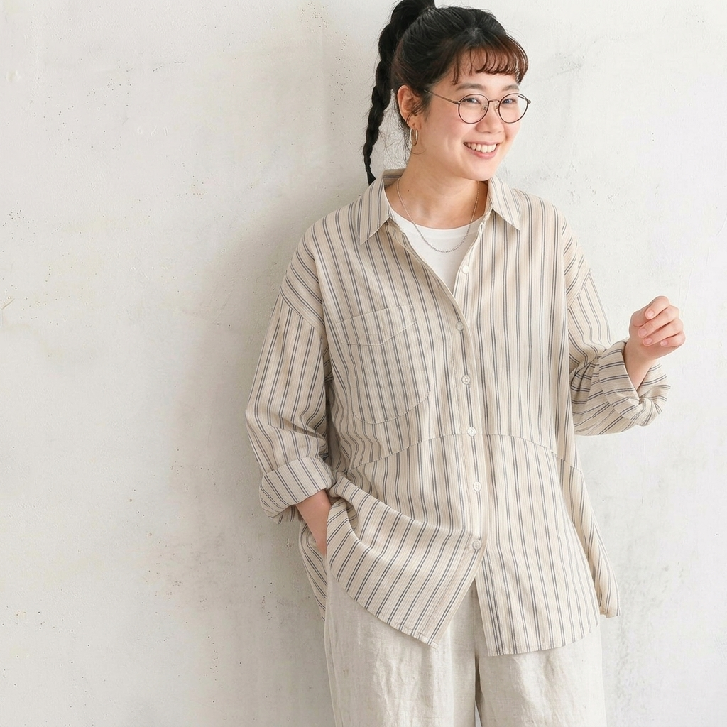 L-2XL  コットン ストライプ柄 シャツ L ベージュ