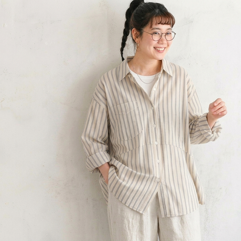 L-2XL  コットン ストライプ柄 シャツ L ベージュ