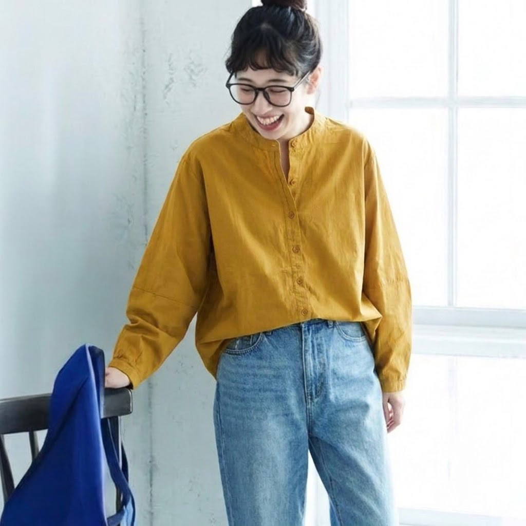 S-2XL スタンドカラー ダブル前立て ゆったり 季節の変わり目 シャツ S イエロー