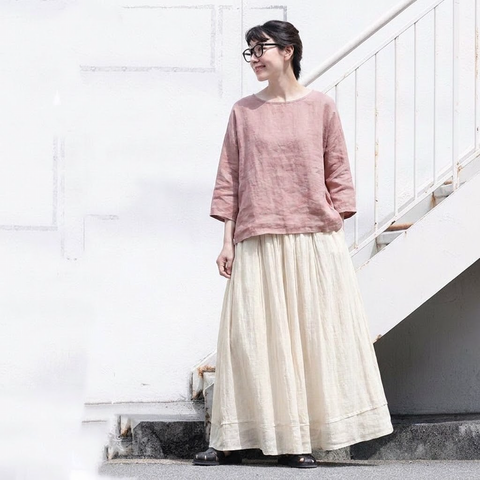 M-2XL ゆったり A ライン ウエストゴム 季節の変わり目 ロングスカート 2XL ヘンプアプリコット