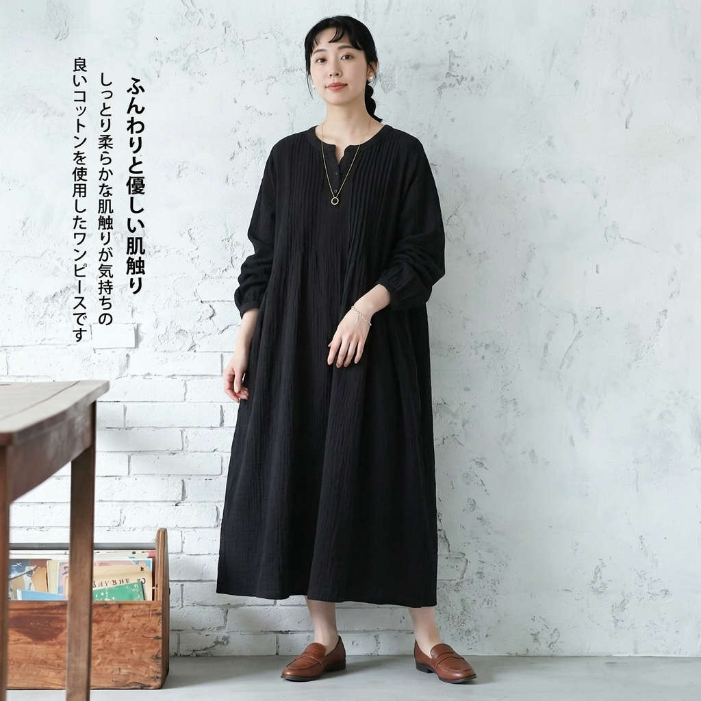 無地 ランタンスリーブ ワンピ F ブラック