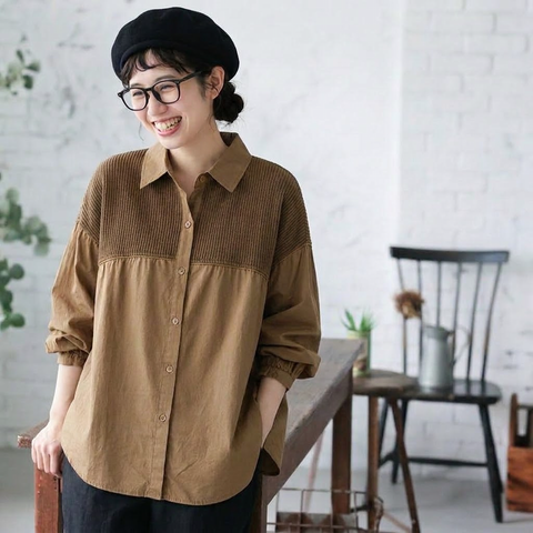 S-3XL 無地 落ち肩スリーブ 長袖 シャツ袖 切り替え シンプル シャツ 3XL ブラウン