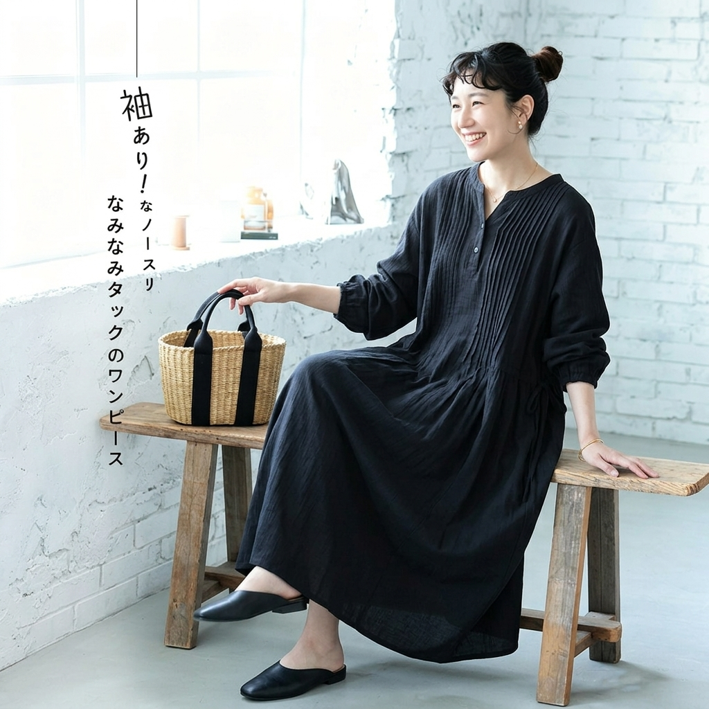 無地 ランタンスリーブ ワンピ F ブラック