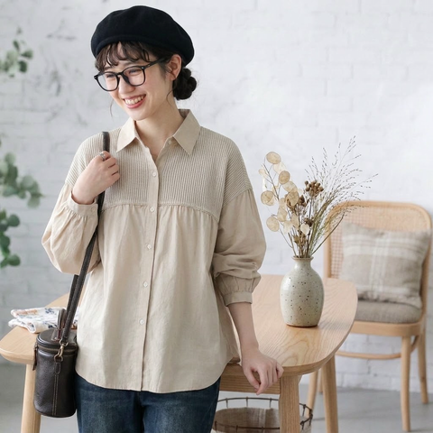 S-3XL 無地 落ち肩スリーブ 長袖 シャツ袖 切り替え シンプル シャツ 3XL アプリコット