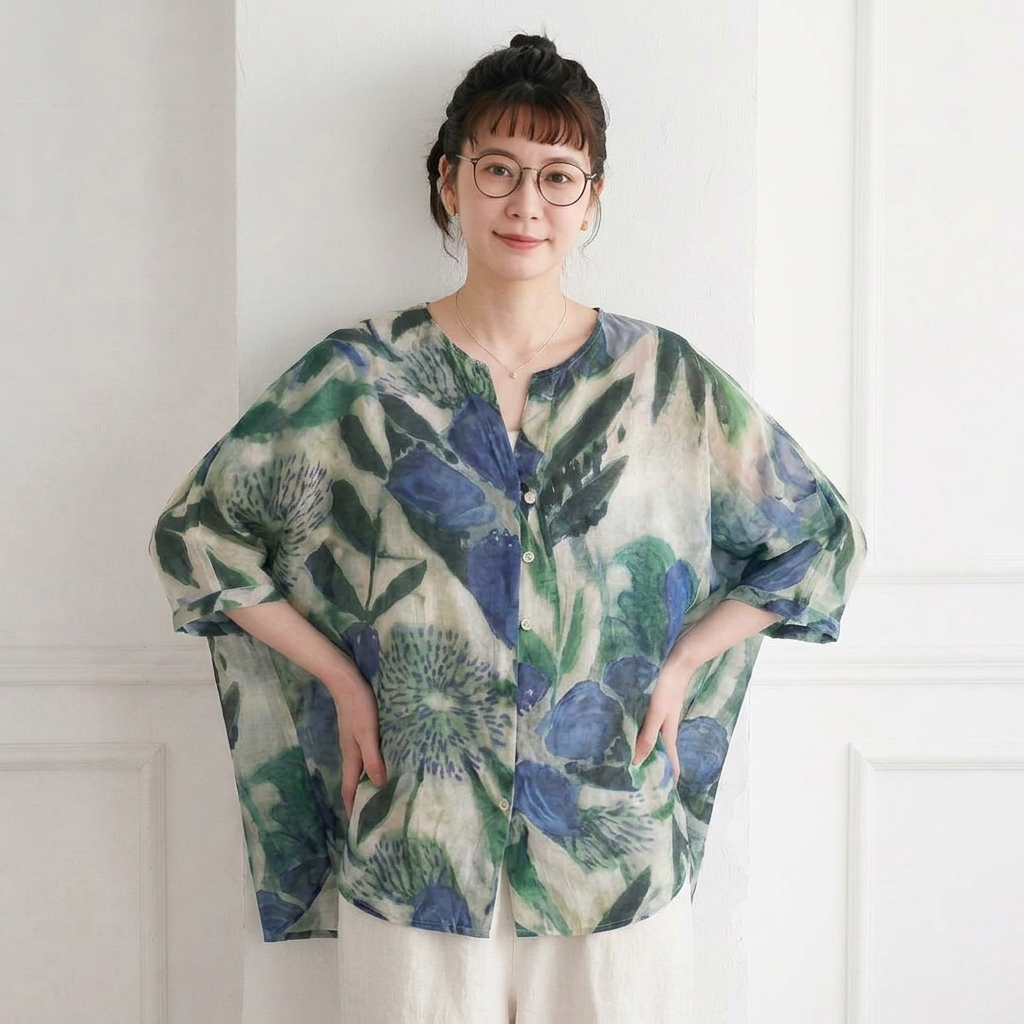 M-2XL リネン風UV対策シャツ レディース 長袖 ぼかし柄 ゆったり 羽織り ナチュラルコーデ 夏秋兼用シャツ M グリーン