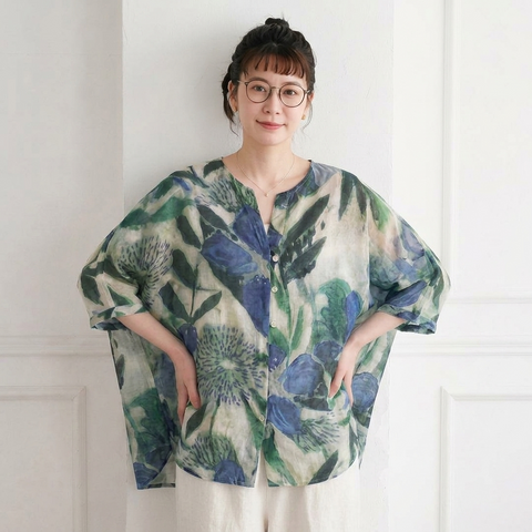M-2XL リネン風UV対策シャツ レディース 長袖 ぼかし柄 ゆったり 羽織り ナチュラルコーデ 夏秋兼用シャツ M グリーン