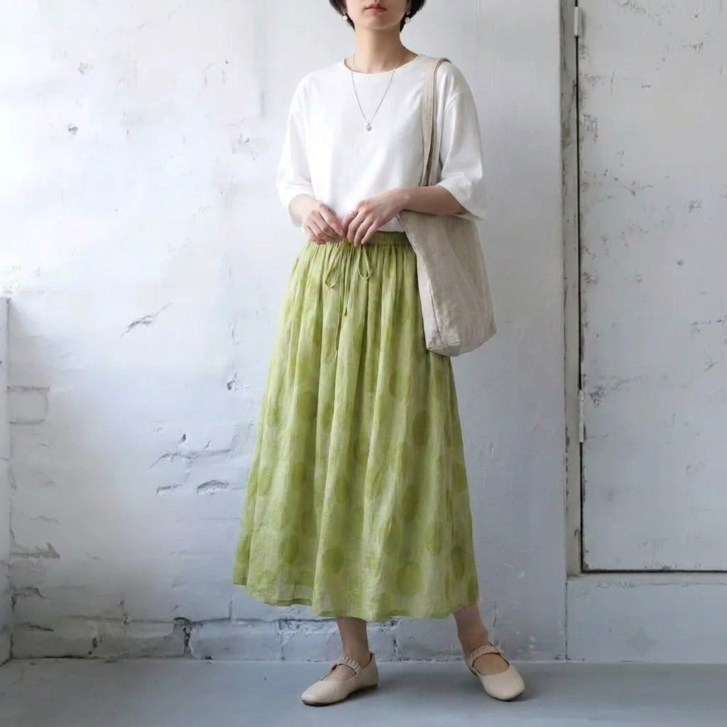 【コットン】M-2XL ドット柄 接触冷感 通気性良い スカート M グリーン