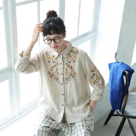 M-3XL レトロ 刺繍 ゆったり 大人向け 秋色 ロングスリーブ シャツ M カーキ